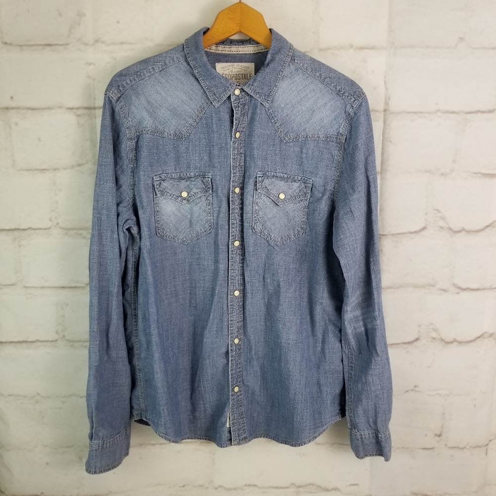 Aeropostale L Denim Blue Jean Shirt White Pearl Snaps